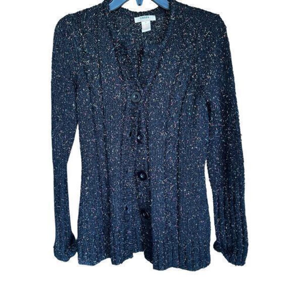 Ponsesa Black color Flecked Y neck Button front cardigan pockets Boho whimsy  M